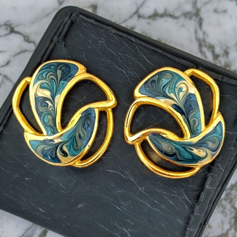 Vintage 1980s Gold Tone Stud Earrings Shimmer Enamel Abstract Pierced NOS - 3H E
